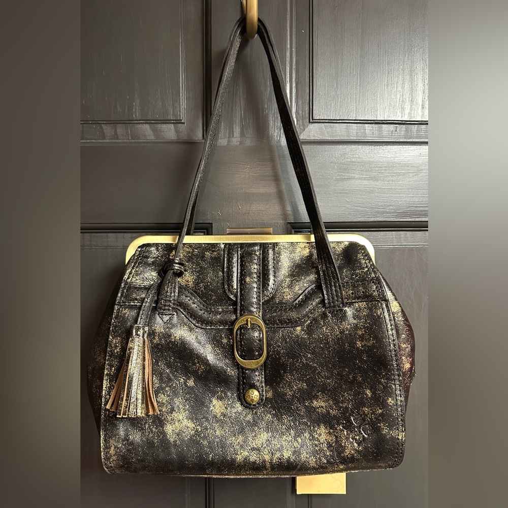 NWT Patricia Nash Distressed Black & Gold Lamé Finish Dual Strap Leather Satchel - Picture 1 of 16